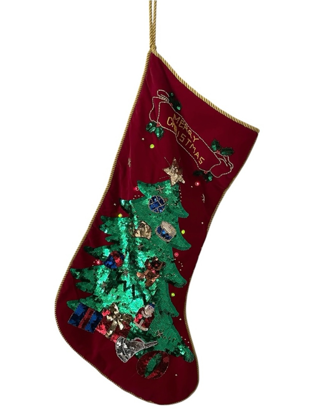 Merry Christmas Red Holiday VTG Suede Sequined Beaded Light Up Music Stocking